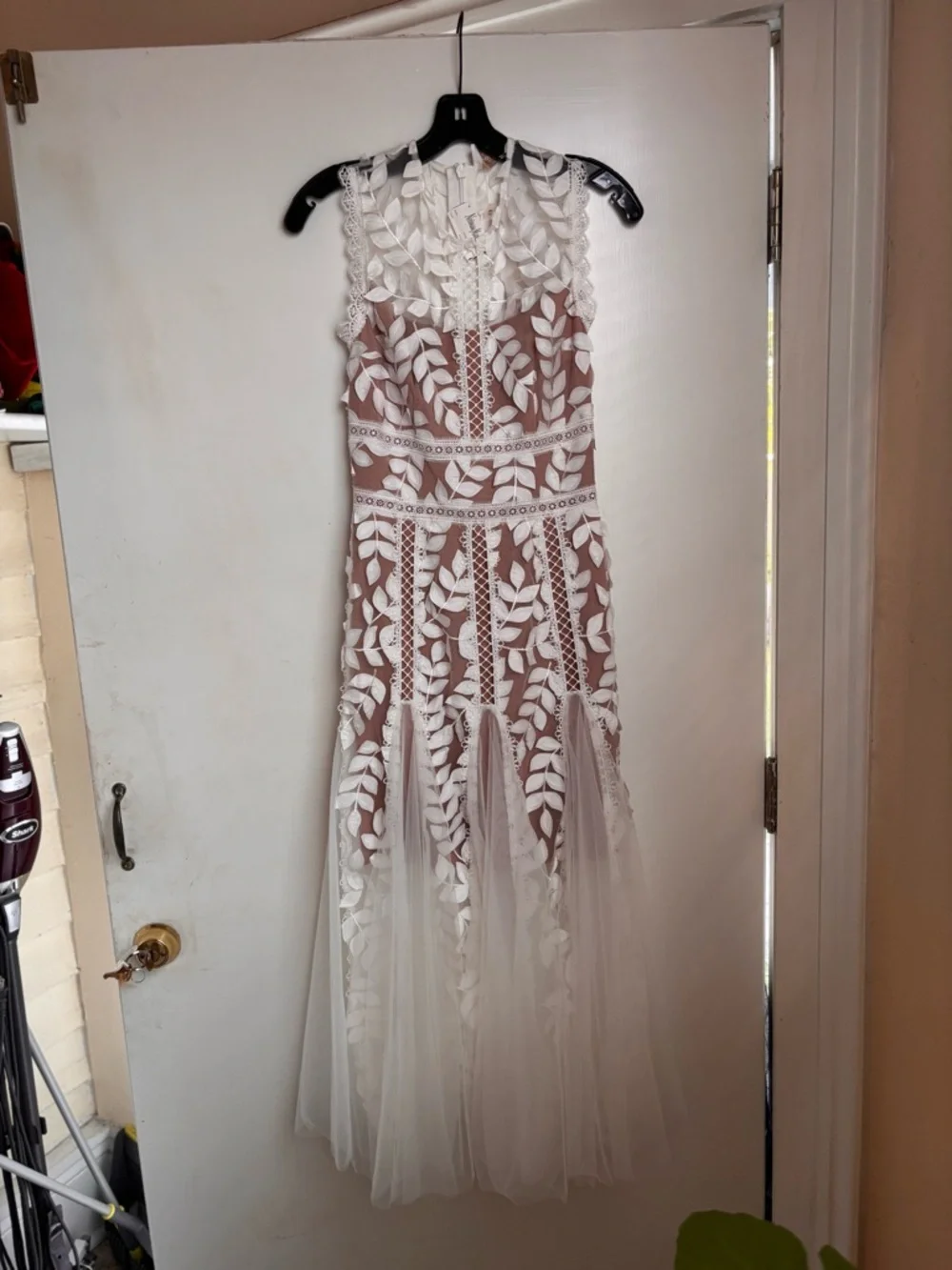 Bronx and Banco White Lace Appliqué Maxi Gown with Nude Lining - Picture 1 of 12